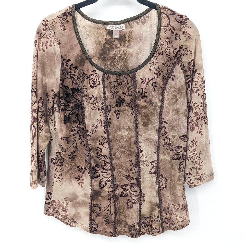 Y2K Top Womens Small Brown Floral Mesh Stretch Grunge Goblincore Blouse‎ Roz Ali